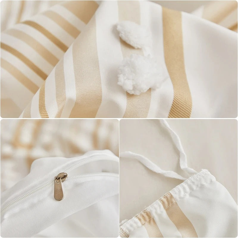 Bohemian Duvet Cover 3 pcs Set with Tassels – Soft Striped Bedding Set with Tufted Ball Details for Queen Bed