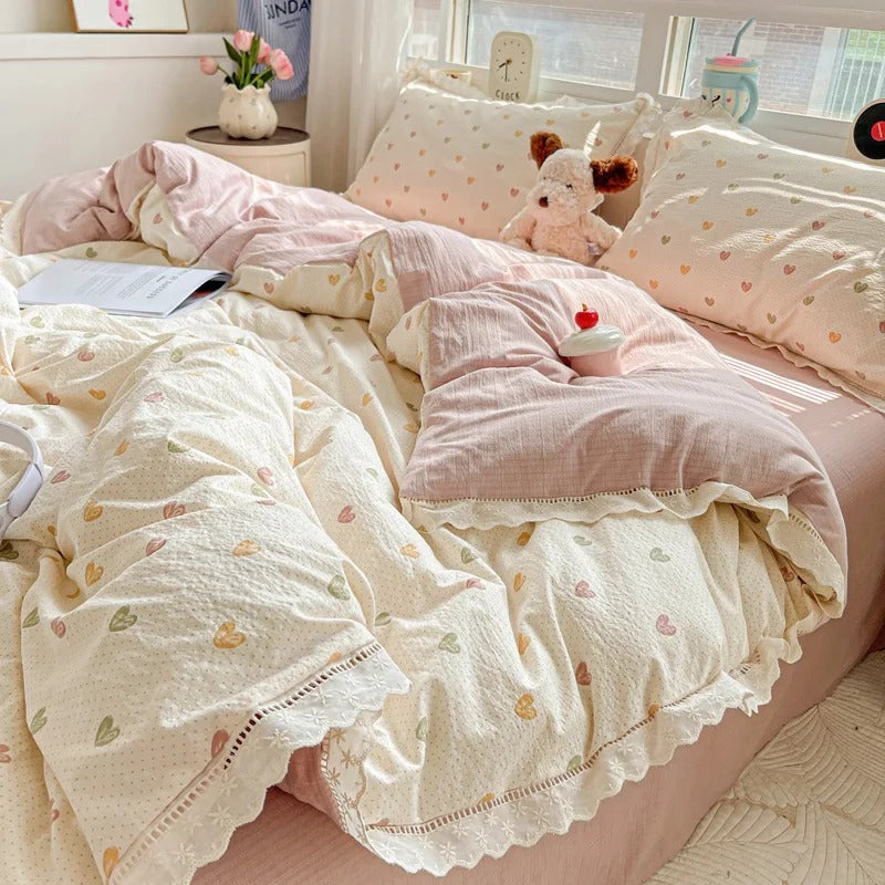 Princess Bedding 3 pcs Queen Set – Soft Cotton Lace Duvet Cover, Flat Sheet, and Pillowcases for Twin, Queen, and Double Beds