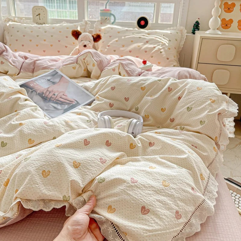 Princess Bedding 3 pcs Queen Set – Soft Cotton Lace Duvet Cover, Flat Sheet, and Pillowcases for Twin, Queen, and Double Beds