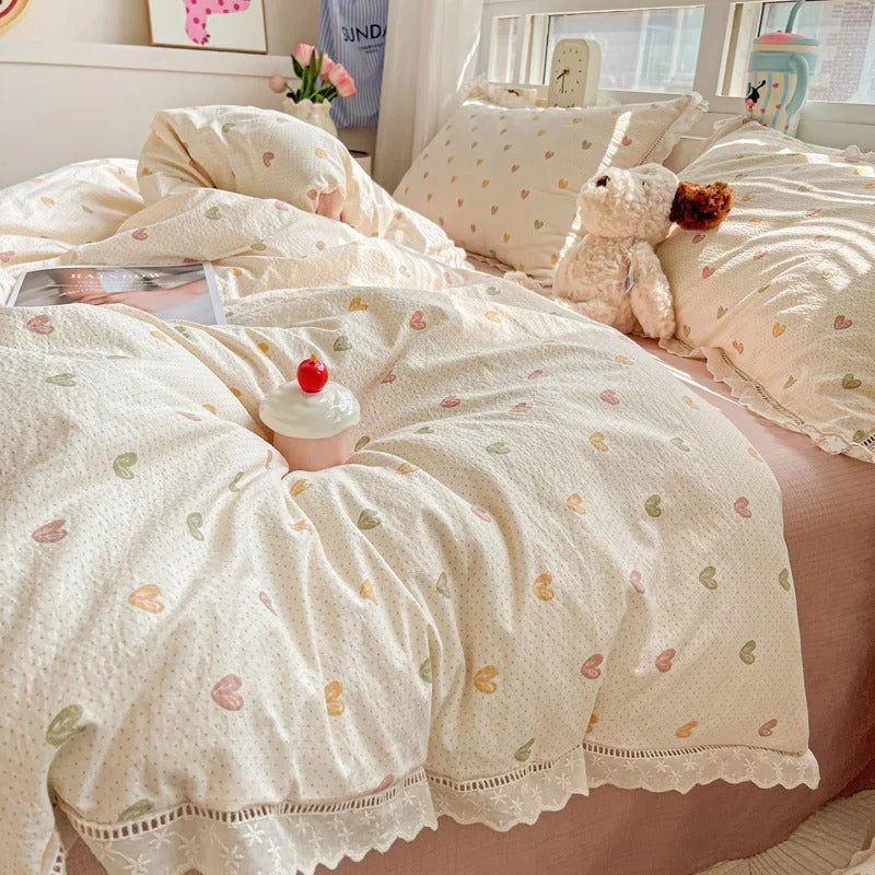 Princess Bedding 3 pcs Queen Set – Soft Cotton Lace Duvet Cover, Flat Sheet, and Pillowcases for Twin, Queen, and Double Beds