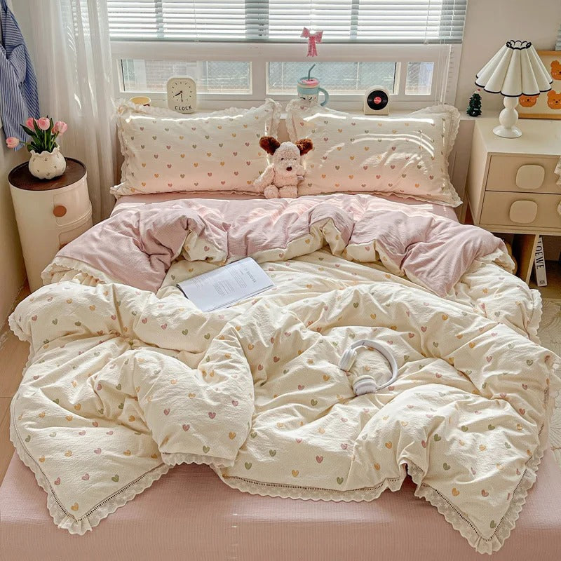 Princess Bedding 3 pcs Queen Set – Soft Cotton Lace Duvet Cover, Flat Sheet, and Pillowcases for Twin, Queen, and Double Beds