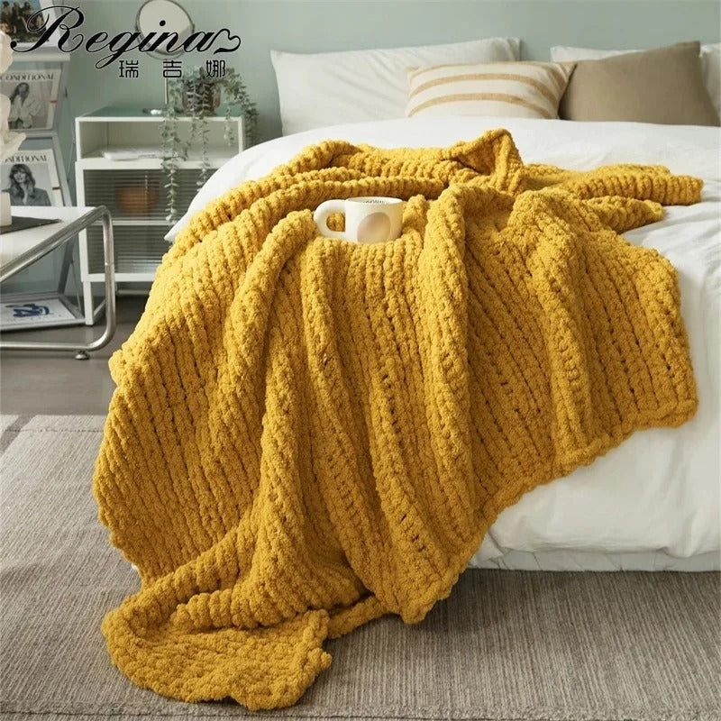 Chunky Handknitted Chenille Blanket – Soft, Cozy Throw for Sofa, Bed, and Napping