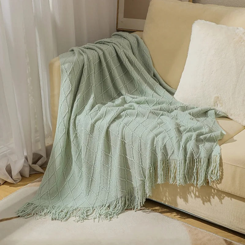 Herringbone Weave Throw Blanket with Fringe – Soft Faux Cashmere Decorative Knit Tassel Blanket for Sofa, Bed & Living Room