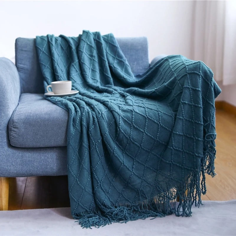 Herringbone Weave Throw Blanket with Fringe – Soft Faux Cashmere Decorative Knit Tassel Blanket for Sofa, Bed & Living Room