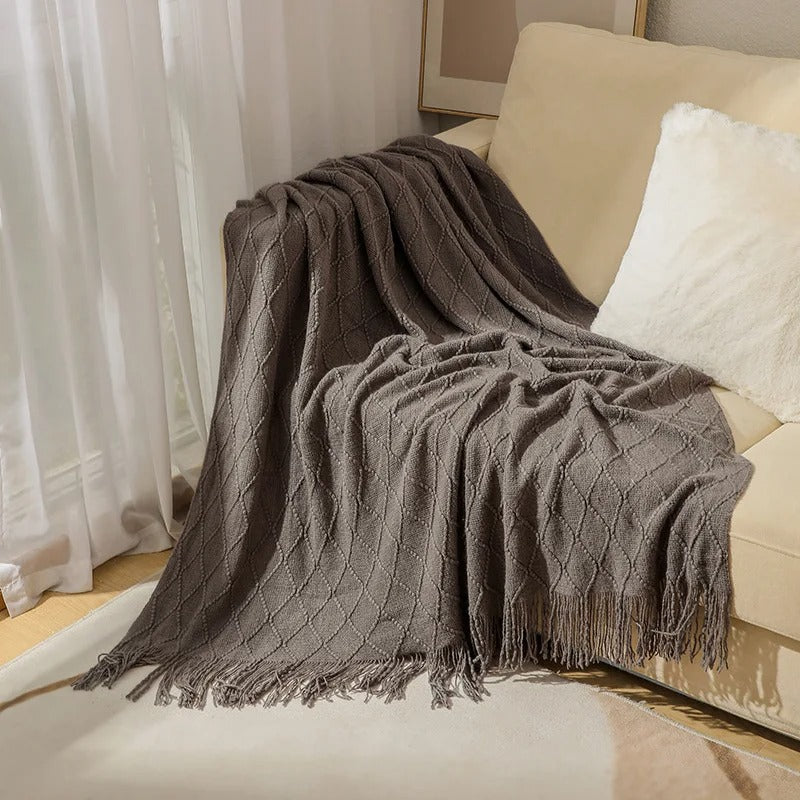 Herringbone Weave Throw Blanket with Fringe – Soft Faux Cashmere Decorative Knit Tassel Blanket for Sofa, Bed & Living Room