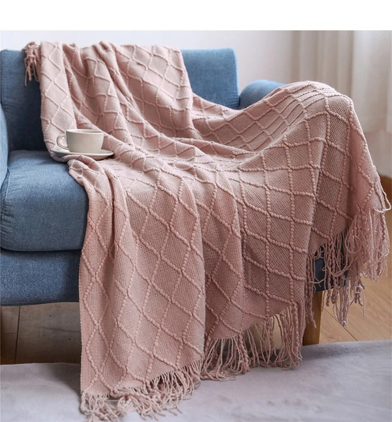 Herringbone Weave Throw Blanket with Fringe – Soft Faux Cashmere Decorative Knit Tassel Blanket for Sofa, Bed & Living Room