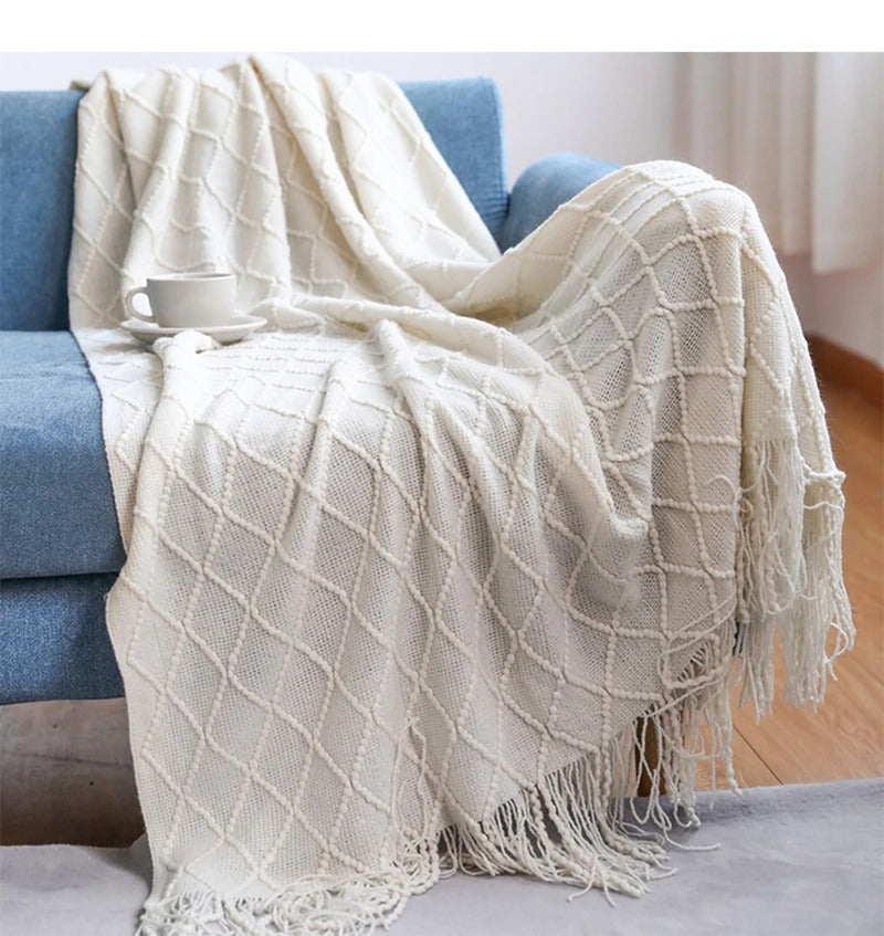 Herringbone Weave Throw Blanket with Fringe – Soft Faux Cashmere Decorative Knit Tassel Blanket for Sofa, Bed & Living Room