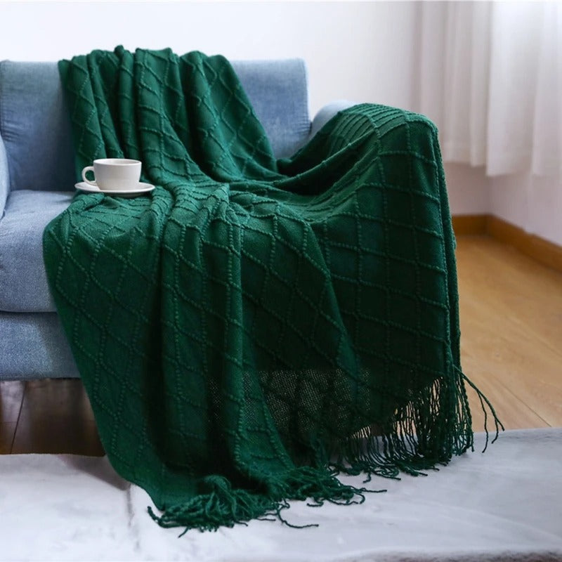 Herringbone Weave Throw Blanket with Fringe – Soft Faux Cashmere Decorative Knit Tassel Blanket for Sofa, Bed & Living Room