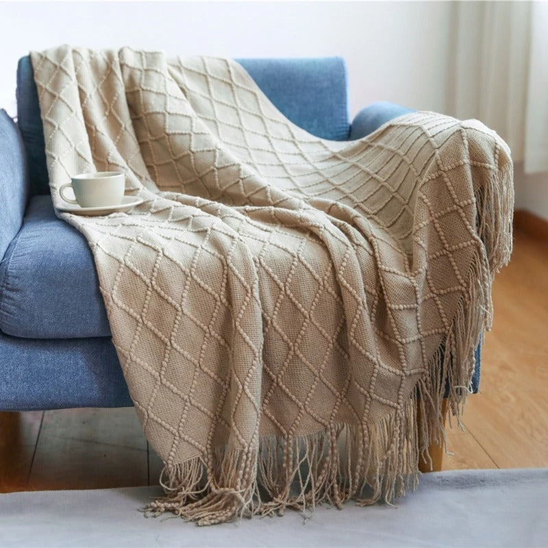 Herringbone Weave Throw Blanket with Fringe – Soft Faux Cashmere Decorative Knit Tassel Blanket for Sofa, Bed & Living Room