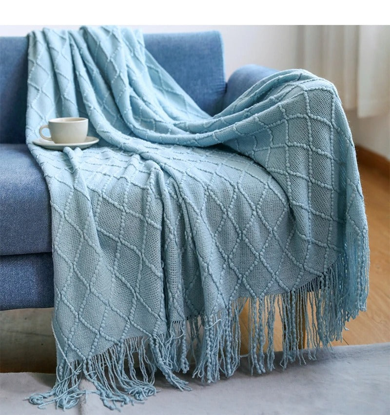 Herringbone Weave Throw Blanket with Fringe – Soft Faux Cashmere Decorative Knit Tassel Blanket for Sofa, Bed & Living Room